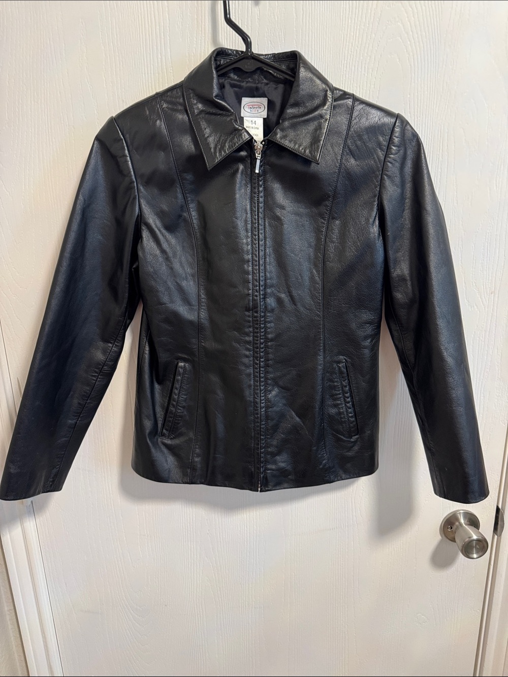 Talbots Kids Genuine Leather Jacket Black Full Zip Pockets Collared Girls 14 Kid
